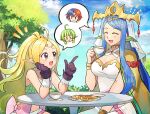  2girls :d ^_^ absurdres alear_(fire_emblem) alear_(male)_(fire_emblem) betabetamaru blonde_hair blue_hair closed_eyes cloud commentary_request cookie cup fire_emblem fire_emblem_awakening fire_emblem_engage food highres holding holding_cup lumera_(fire_emblem) multiple_girls nah_(fire_emblem) nowi_(fire_emblem) open_mouth outdoors ponytail sitting smile table talking 