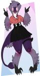  absurd_res anthro avian blush bottomwear clothed clothing eyes_closed feather_hair feathers female hi_res horn nevrean pseudo_hair purple_body purple_feathers simple_background skirt smile solo starsky_avali suki_(starsky_avali) talons 