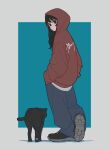  1girl baggy_clothes baggy_pants black_cat black_eyes black_footwear black_hair blue_background cat hands_in_pockets heel_up highres hood hood_up hoodie looking_at_viewer looking_back original oversized_clothes pants red_hoodie start_furuike 