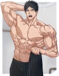  1boy abs armpits bara black_hair black_pants black_shirt blue_eyes domo_(domo_kizusuki) eyelashes highres holding holding_clothes indoors large_pectorals looking_to_the_side male_focus muscular muscular_male navel nipples one_eye_closed open_mouth original pants pectorals shido_(domo) shirt short_hair sideburns solo thick_eyebrows topless_male translated unworn_clothes unworn_shirt upper_body veins yawning 