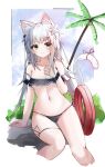  absurdres animal_ear_fluff animal_ears arknights bikini black_bikini breasts cai_ling cat_ears cat_girl cat_tail cloud cloudy_sky cropped_legs day feet_out_of_frame flower green_eyes grey_hair hair_flower hair_ornament hairclip hand_up highres innertube long_hair looking_at_viewer micro_bikini navel outdoors palm_tree rock rosmontis_(arknights) side-tie_bikini_bottom sitting sky small_breasts smile stomach strap_slip swimsuit tail tree white_flower 