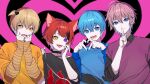  4boys :d @_@ absurdres black_choker black_shirt blue_eyes blue_hair blue_nails blue_sweater brown_hair buta_tamako choker collared_shirt colon_(stpri) covering_mouth fangs finger_to_mouth grin hand_up hands_up heart heart-shaped_pupils heart_hands heterochromia highres lineup long_sleeves looking_at_viewer male_focus multiple_boys nail_polish open_mouth orange_eyes orange_shirt pink_hair purple_eyes purple_sweater_vest red_hair red_nails rinu_(stpri) root_(stpri) satomi_(stpri) shirt side-by-side smile straight-on strawberry_prince sweater sweater_vest symbol-shaped_pupils teeth upper_body upper_teeth_only v-neck wavy_mouth 