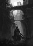  1other artist_name bloodborne boots bridge city coat copyright_name facing_away gloves highres holding holding_weapon house hunter_(bloodborne) long_sleeves monochrome moon outdoors saw_cleaver solo standing tower tripdancer weapon 