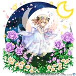  1girl alternate_costume basket blonde_hair copyright_name crescent_moon dress drill_hair drill_sidelocks fairy_wings flower full_body full_moon game_cg holding holding_basket looking_at_viewer luna_child luna_child_(white_moon_fairy) moon night night_sky petals purple_flower rotte_(1109) short_hair sidelocks sky sleeveless sleeveless_dress solo star_(sky) starry_sky third-party_source touhou touhou_lost_word white_dress white_flower white_headwear wings yellow_eyes 