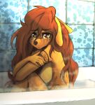  2023 anthro apogee_(tinygaypirate) bathroom bathtub bodily_fluids breasts brown_body brown_eyes brown_fur brown_hair canid canine canis crossed_arms digital_media_(artwork) distressed domestic_dog female frown fur hair hi_res long_hair looking_at_viewer mammal medium_breasts multicolored_body multicolored_fur shaded sitting solo steam tattoo tears tinygaypirate two_tone_body two_tone_fur wet 