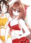  2girls animal_ears antenna_hair bare_arms bare_shoulders bikini blush_stickers breasts brown_eyes brown_hair cleavage collarbone commentary_request daiwa_scarlet_(trifle_vacation)_(umamusume) daiwa_scarlet_(umamusume) fang frilled_bikini frills hair_between_eyes hair_intakes hair_over_one_eye hand_on_own_hip highres horse_ears horse_girl horse_tail locked_arms looking_at_viewer medium_breasts multicolored_hair multiple_girls nail_polish navel open_mouth pink_nails red_bikini red_eyes sarachi_(sara_dayluv) simple_background streaked_hair swimsuit tail umamusume umamusume_summer_story_(umamusume) v-shaped_eyebrows vodka_(umamusume) white_background white_hair yellow_bikini 