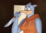  2022 4_fingers anthro bare_shoulders beak blue_body blue_fur buckteeth clothed clothing female fingers flan_(doodtoon) fur hi_res holding_object holding_weapon hoodie knife looking_at_viewer mammal monotreme platypus redustheriotact solo teeth topwear weapon 