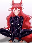  1girl animal_ears blush bodysuit breasts commentary_request flay_(jitsuoresaikyo) full_body highres jitsu_wa_ore_saikyou_deshita? large_breasts latex latex_bodysuit long_hair looking_at_viewer red_eyes red_hair smile solo squatting tail timosan white_background wolf_girl 