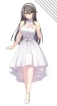  1girl akahi242 alternate_costume black_hair brown_eyes commentary_request detached_collar dress full_body hairband haruna_(kancolle) high_heels highres kantai_collection long_hair off-shoulder_dress off_shoulder solo white_background white_dress white_footwear white_hairband 