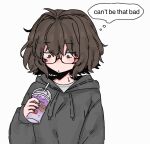  1girl aki_(snale) black_hoodie black_nails brown_eyes brown_hair english_text glasses grimace_shake_(meme) highres hood hoodie looking_down mcdonald&#039;s meme original snale solo sweatdrop thought_bubble upper_body 