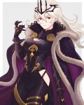  black_clothing cleavage_cutout cloak clothing corrin corrin_(fire_emblem) crown female gold_(metal) gold_jewelry hair headgear hi_res humanoid humanoid_pointy_ears jewelry looking_at_viewer red_eyes royalty trujek white 