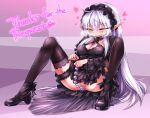  1girl anal_beads anus bangs black_dress black_footwear black_hairband black_thighhighs blush breasts breath censored cleavage commentary_request commission covered_nipples cross dress drooling english_commentary frilled_hairband frills full_body gothic_lolita green_eyes grey_hair hairband half-closed_eyes heart high_heels lace-trimmed_thighhighs lolita_fashion looking_down medium_breasts mixed-language_commentary mosaic_censoring open_mouth original pointy_ears pussy sex_toy shimizu_pem skeb_commission smile solo thighhighs white_hair 
