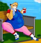  anthro belly bench beverage big_belly big_breasts bodily_fluids bottomwear breasts clothing container cup danellz digital_media_(artwork) exercise_clothing felid female footwear grass green_eyes lion mammal marissa_(marissa) obese obese_anthro obese_female open_mouth overweight overweight_anthro overweight_female pantherine pants plant shoes sitting sky sneakers socks solo straw sweat towel 