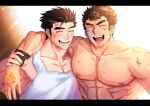  2boys :d ^_^ abs arm_around_shoulder arm_hair bandaid bandaid_on_face bandaid_on_nose bara blood blood_on_face body_hair chest_hair closed_eyes doku_(hitori_ox) facial_hair forked_eyebrows goatee hairy highres large_pectorals long_sideburns male_focus multiple_boys muscular muscular_male nipples pectorals protagonist_3_(housamo) short_hair sideburns smile stomach stubble takabushi_kengo tank_top thick_eyebrows tokyo_afterschool_summoners topless_male veins veiny_hands white_tank_top 