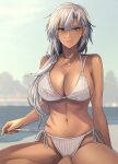  1girl bare_arms bare_legs bare_shoulders barefoot bikini black_nails breasts brown_eyes cleavage collarbone dark-skinned_female dark_skin fingernails glasses groin hair_between_eyes hair_down highres jewelry kantai_collection kasumi_(skchkko) large_breasts long_hair looking_at_viewer musashi_(kancolle) musashi_kai_ni_(kancolle) nail_polish navel necklace rimless_eyewear solo swimsuit white_bikini white_hair 