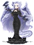  1girl bangs black_dress black_gloves blue_eyes breasts chain_paradox character_request cleavage cleavage_cutout closed_mouth clothing_cutout collarbone dragon_girl dragon_horns dragon_tail dragon_wings dress earrings forehead full_body gloves grey_hair grey_wings holding holding_smoking_pipe horns jewelry kiseru large_breasts long_hair multiple_horns official_art parted_bangs pointy_ears shikito simple_background smile smoke smoking_pipe solo tail very_long_hair white_background wings 