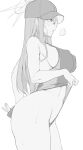  1girl blue_archive blush breasts covered_nipples greyscale halo hat heavy_breathing highres large_breasts long_hair monochrome navel nine_(kanine41) profile saori_(blue_archive) simple_background solo sweat thighs white_background 