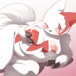  2016 anthro anthrofied belly big_belly big_breasts big_nipples blush breasts claw_fingers cotora curvy_figure female front_view fur generation_3_pokemon gradient_background holding_breast looking_at_viewer looking_up lying nintendo nipples nude on_side overweight overweight_female pink_sclera pinup pokemon pokemon_(species) pose presenting presenting_breasts pupils shoulder_tuft simple_background slit_pupils smile solo tuft voluptuous white_body white_fur zangoose 