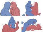  blue_body blue_guy_(dhmis) blue_hair bodily_fluids don&#039;t_hug_me_i&#039;m_scared duo french_kissing frottage genitals hair humanoid kissing lipless lying male male/male on_back penis red_body red_guy_(dhmis) red_hair sex sweat tail tail_tuft tailed_humanoid tapering_penis tapering_tongue teeth tongue tongue_out tuft werdopon 
