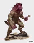  2023 abs absurd_res anthro biceps biped black_nose brown_body brown_fur buckovskiart crotch_tuft digital_media_(artwork) fur hi_res holding_object hyena male mammal muscular muscular_anthro muscular_male muscular_thighs nude outside pecs quads solo step_pose tail teeth thick_thighs tuft vein veiny_muscles were werehyena whiskers 