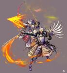  152_in_can 1boy 1girl absurdres armor arrow_(projectile) bow_(weapon) drawing_bow fate/grand_order fate/samurai_remnant fate_(series) fingerless_gloves flaming_arrow flaming_sword flaming_weapon gloves grey_background grey_hair helmet highres holding holding_bow_(weapon) holding_weapon horns japanese_armor kabuto_(helmet) katana long_hair mask mitsudomoe_(shape) oni_horns pauldrons red_eyes red_mask rogue_saber_(fate/samurai_remnant) shoulder_armor single_pauldron sword tomoe_(symbol) tomoe_gozen_(fate) weapon 
