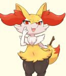  1girl :3 animal_ear_fluff animal_ears animal_hands animal_nose black_fur body_fur braixen commentary_request fang flat_chest fox_ears fox_girl fox_tail furry furry_female hand_on_own_cheek hand_on_own_face hand_up happy looking_at_viewer multicolored_fur navel neck_fur open_mouth partial_commentary pokemon pokemon_(creature) raised_eyebrows red_eyes simple_background smile smug snout solo standing stick stomach tail teine thick_thighs thighs white_fur wide_hips yellow_background yellow_fur 