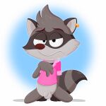  absurd_res albinoturtle anthro balls bottomless clothed clothing ear_piercing flaccid genitals hi_res male mammal penis piercing pink_clothing pink_shirt pink_topwear procyonid raccoon renaldo_raccoon shirt solo tiny_toons_looniversity topwear 