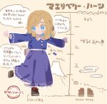  1girl arrow_(symbol) blonde_hair blue_eyes blush_stickers bow brown_footwear buttons character_name closed_mouth collared_shirt commentary footwear_bow frilled_skirt frills highres long_sleeves looking_to_the_side maribel_hearn medium_hair mount_fuji nama_udon no_nose outline outstretched_arms purple_shirt purple_skirt red_bow shirt shoes simple_background skirt skirt_set solo spread_arms standing standing_on_one_leg touhou translation_request wavy_hair white_outline yellow_background 