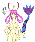  4_fingers after_transformation alternate_species antennae_(anatomy) anthro aroused aroused_face aroused_smile bedroom_eyes big_breasts blue_body blue_scales blush breasts brown_eyes emblem enjoying fan_tail female fingers fish generation_2_pokemon generation_3_pokemon hair hair_loop ivanks legendary_pokemon looking_at_viewer lugia marine milotic narrowed_eyes nintendo nipples nude nurse_joy pink_hair pokemon pokemon_(species) red_body red_eyes red_scales scales seductive serpentine simple_background smile solo standing tail tan_body white_background 