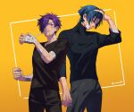  2boys alternate_costume bandage_on_face bandages black_pants black_shirt blood blood_on_face blue_eyes blue_hair byleth_(fire_emblem) byleth_(male)_(fire_emblem) commentary_request fire_emblem fire_emblem:_three_houses fire_emblem_warriors:_three_hopes hair_over_one_eye male_focus multiple_boys nzmnnkk one_eye_covered pants purple_eyes purple_hair shez_(fire_emblem) shez_(male)_(fire_emblem) shirt short_hair short_sleeves teeth twitter_username yellow_background 