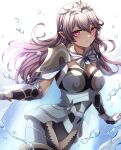  1girl armor armored_leotard black_leotard blush breasts cape cleavage corrin_(female)_(fire_emblem) corrin_(female)_(silent_bloodline)_(fire_emblem) corrin_(fire_emblem) crown fire_emblem fire_emblem_fates fire_emblem_heroes gloves hair_between_eyes hair_ornament highres jewelry lace_thighhighs large_breasts leotard long_hair looking_at_viewer official_alternate_costume pointy_ears red_eyes see-through shoulder_armor smile solo white_hair yozu_(yozu0420) 