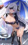  1girl absurdres alternate_costume arm_under_breasts azur_lane black_footwear black_hair boots breasts cleavage cropped_jacket elbe_(azur_lane) highres holding holding_umbrella jacket large_breasts long_hair looking_at_viewer microskirt multicolored_hair open_clothes open_jacket purple_eyes race_queen rei_tuki skirt streaked_hair thigh_boots two-tone_hair umbrella very_long_hair white_hair 