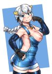  1girl animal_ears bell black_thighhighs blue_background blue_eyes blue_overalls blush braid braided_ponytail breasts cleavage closed_mouth commentary_request cow_ears cow_girl cow_horns cow_tail cowboy_shot highres horns jingle_bell large_breasts long_hair looking_at_viewer medium_bangs nandi_(puchirisu) nearly_naked_overalls neck_bell nipples original overalls puchirisu skindentation smile solo tail thighhighs two-tone_background white_background white_hair yellow_horns 