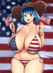  1girl american_flag american_flag_bikini bikini blue_hair blush bracelet breasts cleavage collarbone cowboy_hat cowboy_shot curvy earrings erkaz flag_print groin hat highres huge_breasts jewelry looking_at_viewer navel open_mouth original pink_eyes plump rina_atherina short_hair solo standing swimsuit thick_thighs thighs veins veiny_breasts wide_hips 