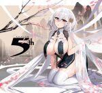  1girl absurdres anniversary azur_lane bangs branch breast_curtains breasts china_dress chinese_clothes cleavage copyright_name dress falling_petals garter_straps gloves hair_between_eyes hair_ornament hand_up high_heels highres kaki_z3 kneeling large_breasts looking_at_viewer medium_hair mountain mountainous_horizon official_alternate_costume pelvic_curtain petals red_eyes revealing_clothes sirius_(azur_lane) sirius_(azure_horizons)_(azur_lane) solo thighhighs thighs white_gloves white_hair white_thighhighs 