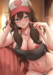  1girl baseball_cap black_camisole blue_eyes blurry blurry_background breasts brown_hair camisole collarbone curly_hair elbow_rest english_commentary female_pubic_hair finger_to_cheek ginhaha hair_between_eyes hat head_rest highleg highleg_panties highres hilda_(pokemon) indoors large_breasts long_hair looking_at_viewer navel nipple_slip nipples open_mouth panties pink_headwear poke_ball_print pokemon pokemon_(game) pokemon_bw pubic_hair pubic_hair_peek see-through sitting smile solo two-tone_headwear underwear white_headwear white_panties 