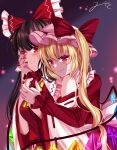  2girls adapted_costume ascot bare_shoulders blonde_hair blush bow breasts brown_hair closed_mouth collared_shirt crystal dark_background fang fang_out flandre_scarlet frilled_bow frilled_shirt frilled_shirt_collar frills glowing glowing_wings hair_between_eyes hair_bow hakurei_reimu hand_on_another&#039;s_face highres large_bow light_smile long_hair long_sleeves medium_breasts mito_(fate) multicolored_wings multiple_girls nail_polish pink_background pink_headwear purple_background red_bow red_eyes red_nails red_ribbon red_shirt ribbon ribbon-trimmed_sleeves ribbon_trim shirt simple_background sleeveless sleeveless_shirt touhou wings yellow_ascot yuri 