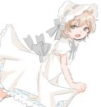  1girl absurdres alternate_costume back_bow bonnet bow brown_eyes brown_hair colored_inner_hair dress dutch_angle fang feet_out_of_frame flower grey_bow grey_hair grey_ribbon hat hat_flower hat_ribbon hatoba_tsugu highres looking_at_viewer mayoineko medium_hair multicolored_hair neck_ribbon petticoat ribbon rose short_sleeves simple_background skin_fang skirt_hold smile solo tsugu_(vtuber) white_background white_dress white_flower white_rose 
