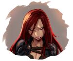  1girl black_jacket breasts brown_background cleavage closed_eyes crying facing_viewer jacket katarina_(league_of_legends) large_breasts league_of_legends long_hair open_clothes open_jacket red_hair scar scar_across_eye shinaa_(maddynshinaa) shiny_skin shoulder_plates skull_print solo tears teeth white_background 