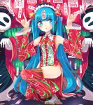  1girl blue_eyes blue_hair chinese_clothes detached_sleeves dot_nose dress fox_shadow_puppet hat hatsune_miku highres jiangshi long_hair ofuda open_mouth outstretched_arms panda qing_guanmao red_dress sandals slit_pupils socks solo_focus very_long_hair vocaloid white_socks wide_sleeves yamaoji33 zombie_pose 