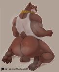  absurd_res anus back_muscles balls bear bodily_fluids bulge butt genitals hi_res looking_at_viewer male mammal musclegut muscular muscular_male papa_bear_(puss_in_boots) paws rear_view shy solo sweat sweaty_butt the_dumbid 