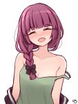  1girl blush bocchi_the_rock! braid braided_ponytail closed_eyes collarbone drunk facing_viewer fang green_tank_top highres hiroi_kikuri jacket long_hair m_r_b off_shoulder open_mouth purple_hair simple_background smile solo tank_top upper_body white_background 