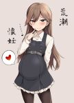  1girl arashio_(kancolle) arm_behind_back belt black_pantyhose brown_eyes brown_hair dress finger_to_cheek heart heart-shaped_pupils highres kantai_collection long_hair long_sleeves pantyhose pregnant simple_background smile spoken_heart symbol-shaped_pupils translation_request yurarin 