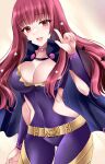  1girl ass_visible_through_thighs belt black_cape bodysuit breasts cape choker cleavage commentary_request covered_navel cowboy_shot facial_mark fire_emblem fire_emblem_engage highres kirishima_riona large_breasts long_hair pink_choker purple_bodysuit red_eyes red_hair solo standing star_(symbol) thighs very_long_hair yellow_belt yunaka_(fire_emblem) 