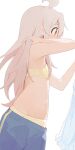  1girl ahoge blue_shorts blush bra clothes_pull commentary flat_chest grey_hair highres hiroki_(yyqw7151) navel onii-chan_wa_oshimai! oyama_mahiro panties profile shorts shorts_pull simple_background solo standing underwear white_background yellow_bra yellow_eyes yellow_panties 