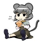  1girl animal_ears black_eyes black_footwear capelet cheese dress eating food grey_dress grey_hair holding holding_food long_sleeves lowres mouse_ears mouse_girl mouse_tail nazrin shirt short_hair simple_background sitting smoking_grass socks solo tail touhou translation_request white_background white_shirt white_socks 