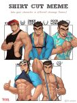 1boy abs absurdres artist_name bara baseball_cap black_hair blue_male_swimwear blue_shirt bodysuit closed_mouth clothes_in_mouth clothes_lift collage collared_shirt diving_suit english_text eyebrow_cut facial_hair glasses hat hawaiian_shirt highres large_pectorals lifted_by_self looking_at_viewer male_focus male_pubic_hair male_swimwear meme multiple_drawing_challenge muscular muscular_male navel_hair nipples one_eye_closed open_bodysuit open_clothes original pectoral_cleavage pectorals pubic_hair shirt shirt_cut_meme shirt_lift short_hair sidepec smile superman_exposure suspenders thumbs_up tongue tongue_out underpec upper_body wetsuit whyhelbram 