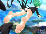  1girl artist_name ass bare_legs barefoot black_dress black_footwear blurry blurry_background blurry_foreground dress english_commentary feet floating foot_focus full_body green_hair high_heels legs lewdsaiga long_hair one-punch_man patreon_logo pixiv_logo shadow shoes shoes_removed short_dress soles solo tatsumaki toes 