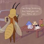  1:1 antennae_(anatomy) anthro arthropod arthropod_abdomen bandit_(bug_fables) bug_fables cricket furniture hi_res hood insect insect_wings male mightywheelchair moonsprout_games orthopterid plushie rear_view slightly_muscular solo speech_bubble table wings 