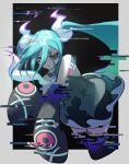  1girl aqua_hair bare_shoulders black_thighhighs detached_sleeves faesu floating ghost ghost_miku_(project_voltage) glitch gradient_hair grey_shirt hair_between_eyes hatsune_miku highres long_hair looking_at_viewer multicolored_hair necktie pale_skin pokemon project_voltage see-through see-through_skirt shirt skirt thighhighs twintails very_long_hair vocaloid will-o&#039;-the-wisp_(mythology) yellow_eyes 